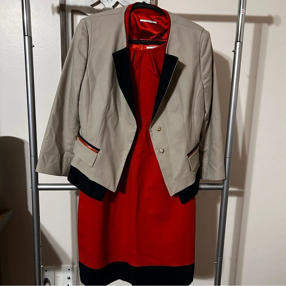 T Tahari Women’s Dress‎ Suit Set Orange Tan Navy 10 Blazer 2 Piece